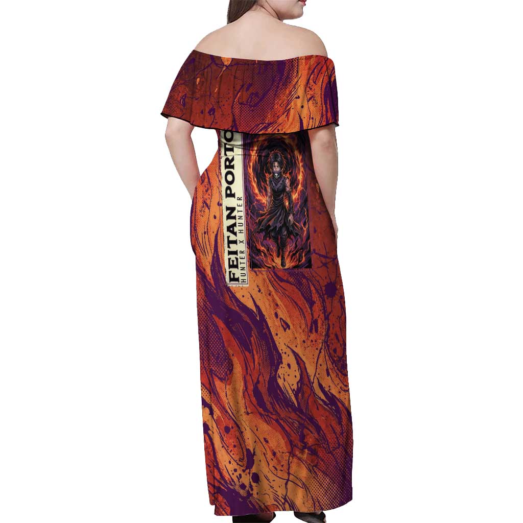 Feitan Portor Flame Aura Design Off Shoulder Maxi Dress with Sword Stance and Intense Anime Artwork - The Mazicc