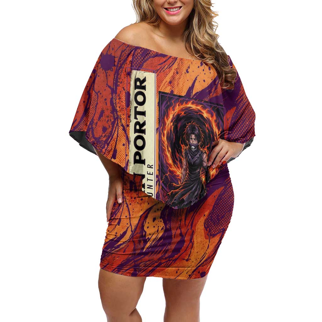 Feitan Portor Flame Aura Design Off Shoulder Short Dress with Sword Stance and Intense Anime Artwork - The Mazicc