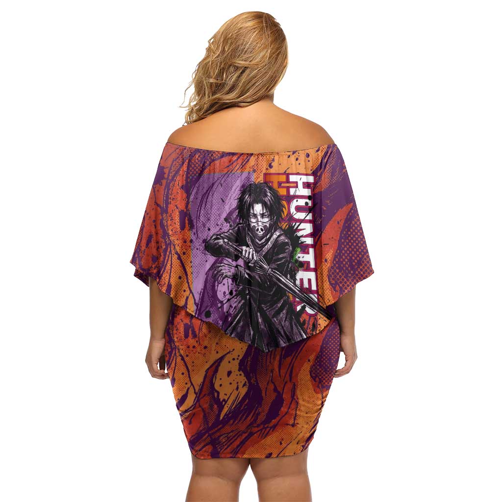 Feitan Portor Flame Aura Design Off Shoulder Short Dress with Sword Stance and Intense Anime Artwork - The Mazicc