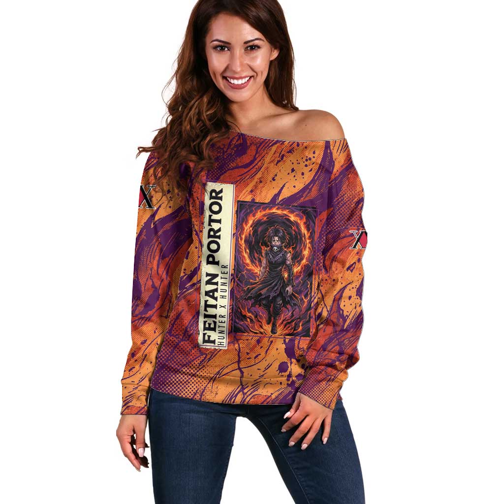 Feitan Portor Flame Aura Design Off Shoulder Sweater with Sword Stance and Intense Anime Artwork - The Mazicc