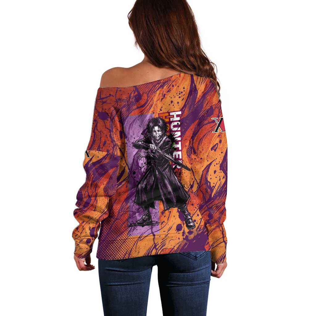 Feitan Portor Flame Aura Design Off Shoulder Sweater with Sword Stance and Intense Anime Artwork - The Mazicc