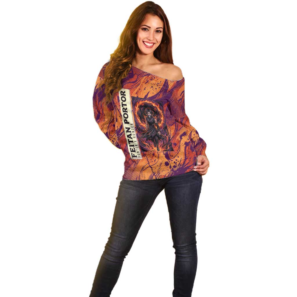 Feitan Portor Flame Aura Design Off Shoulder Sweater with Sword Stance and Intense Anime Artwork - The Mazicc