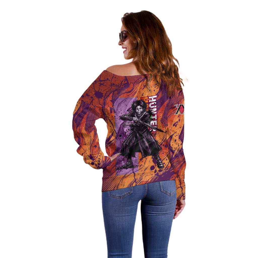 Feitan Portor Flame Aura Design Off Shoulder Sweater with Sword Stance and Intense Anime Artwork - The Mazicc