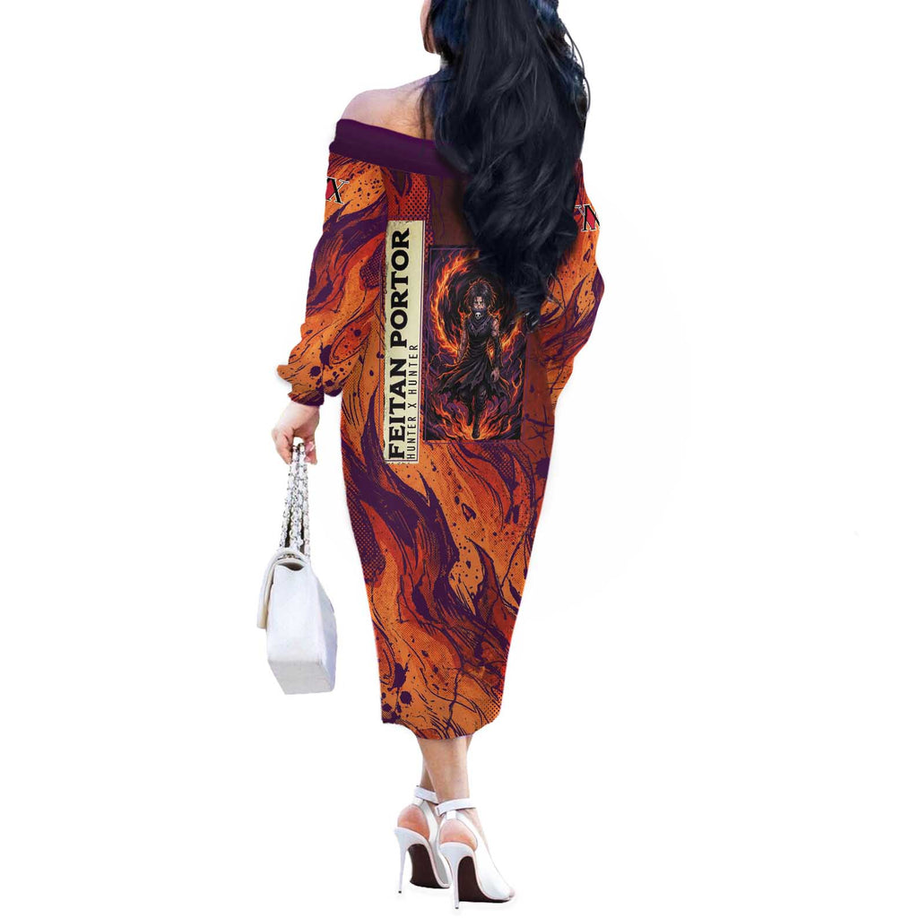 Feitan Portor Flame Aura Design Off The Shoulder Long Sleeve Dress with Sword Stance and Intense Anime Artwork - The Mazicc