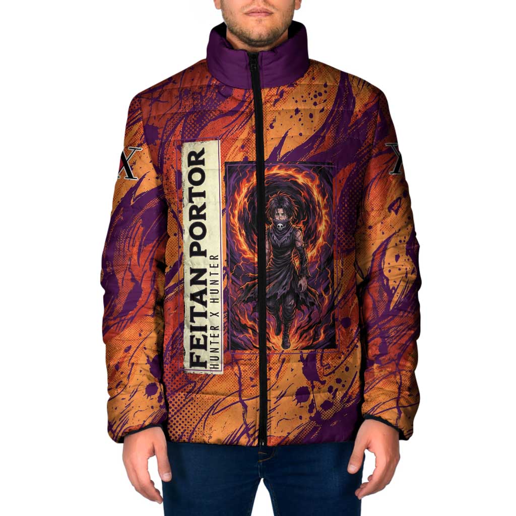 Feitan Portor Flame Aura Design Padded Jacket with Sword Stance and Intense Anime Artwork - The Mazicc