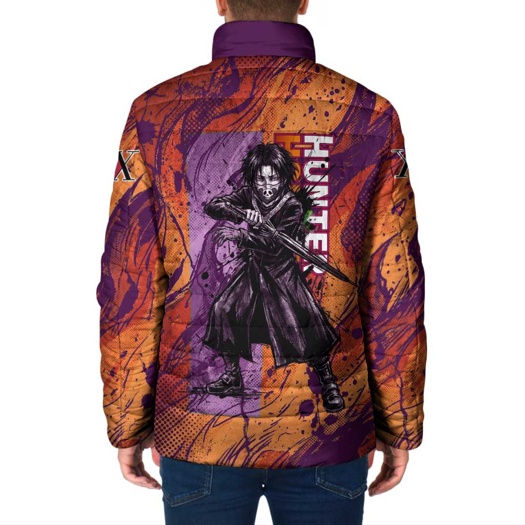 Feitan Portor Flame Aura Design Padded Jacket with Sword Stance and Intense Anime Artwork - The Mazicc