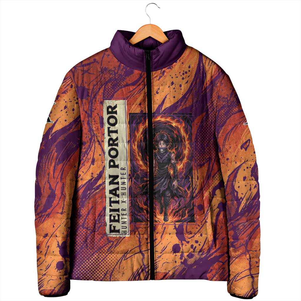Feitan Portor Flame Aura Design Padded Jacket with Sword Stance and Intense Anime Artwork - The Mazicc