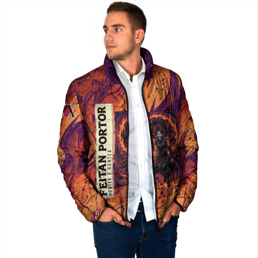 Feitan Portor Flame Aura Design Padded Jacket with Sword Stance and Intense Anime Artwork - The Mazicc