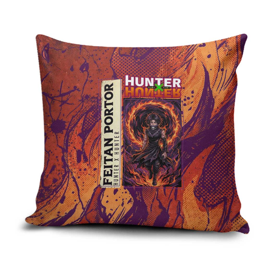 Feitan Portor Flame Aura Design Pillow Cover with Sword Stance and Intense Anime Artwork - The Mazicc