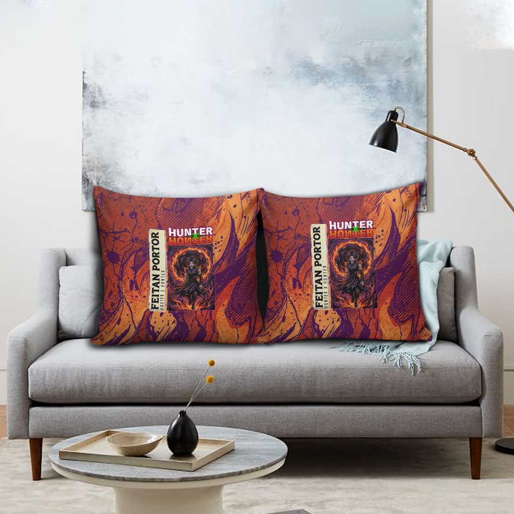 Feitan Portor Flame Aura Design Pillow Cover with Sword Stance and Intense Anime Artwork - The Mazicc