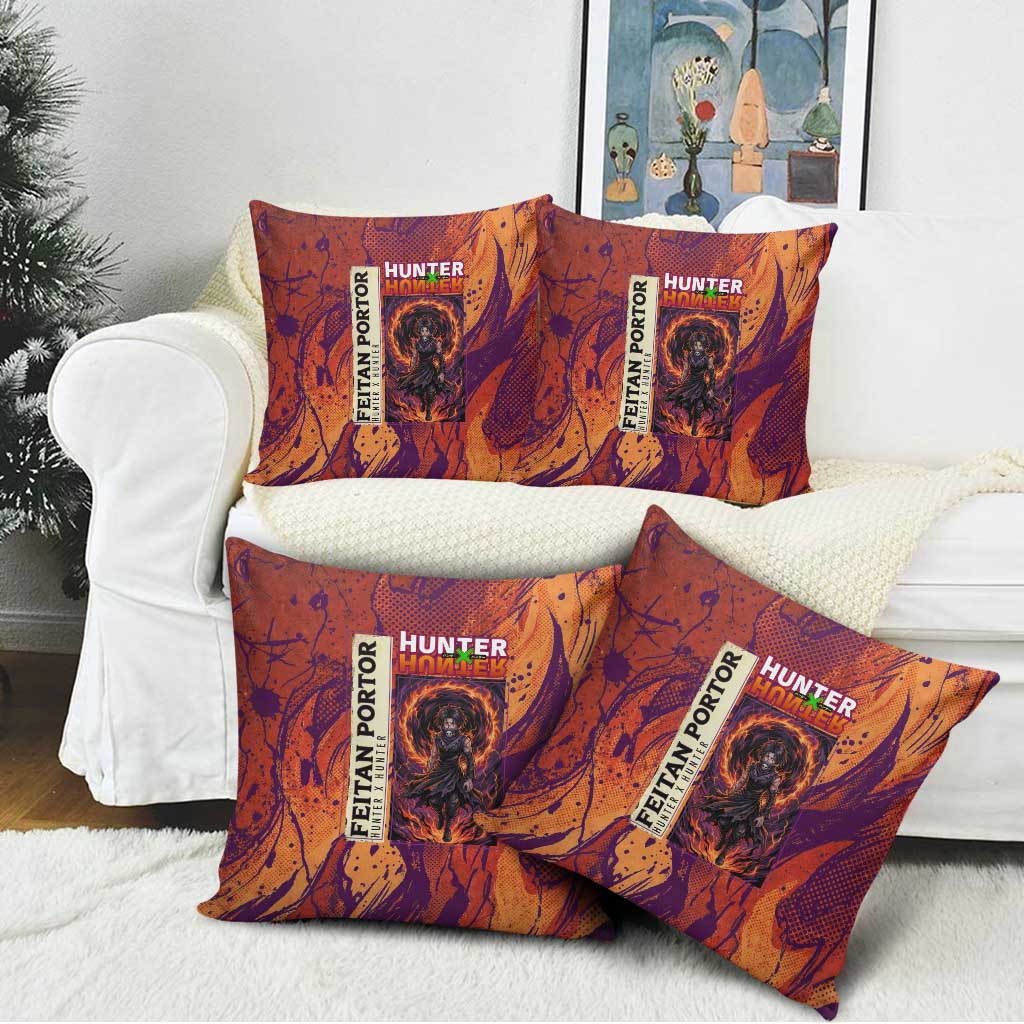 Feitan Portor Flame Aura Design Pillow Cover with Sword Stance and Intense Anime Artwork - The Mazicc