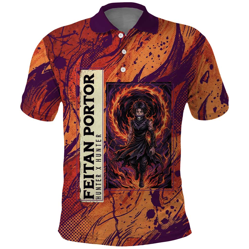 Feitan Portor Flame Aura Design Polo Shirt with Sword Stance and Intense Anime Artwork - The Mazicc