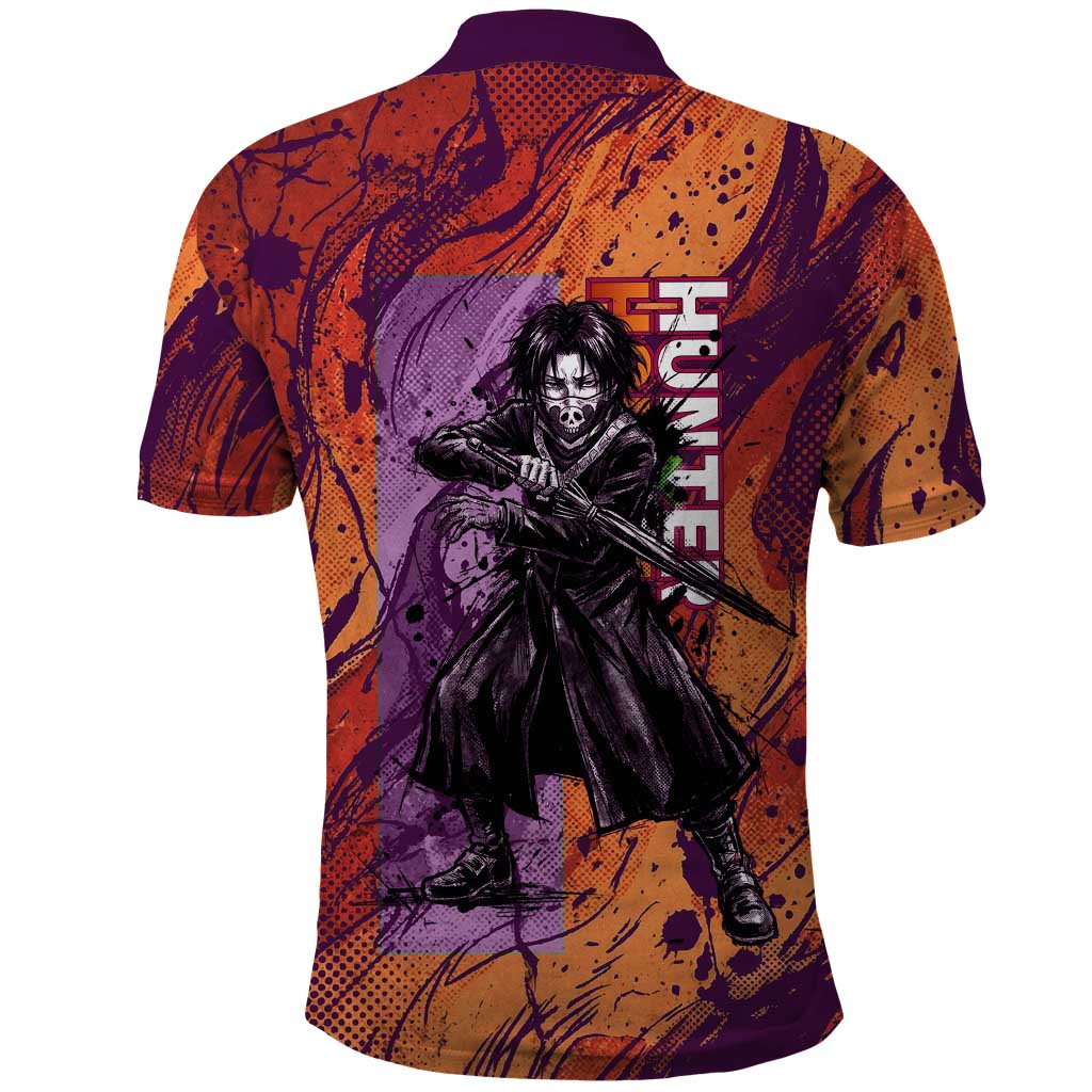 Feitan Portor Flame Aura Design Polo Shirt with Sword Stance and Intense Anime Artwork - The Mazicc