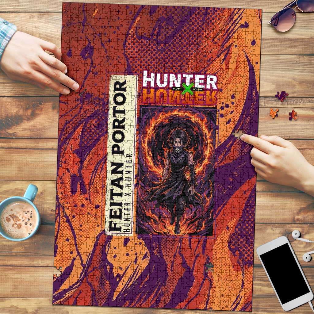 Feitan Portor Flame Aura Design Puzzle with Sword Stance and Intense Anime Artwork - The Mazicc