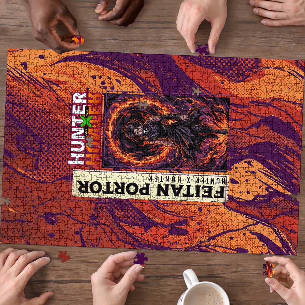 Feitan Portor Flame Aura Design Puzzle with Sword Stance and Intense Anime Artwork - The Mazicc