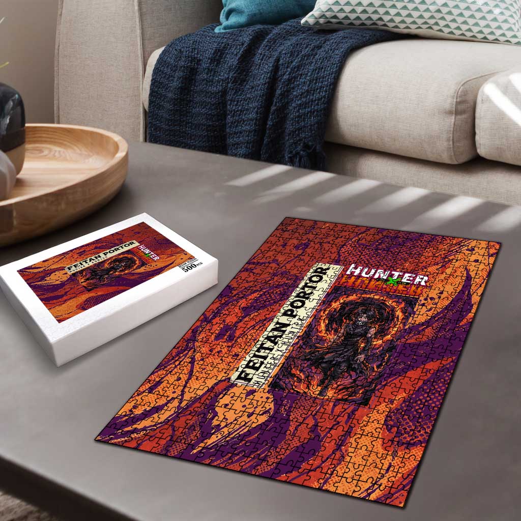 Feitan Portor Flame Aura Design Puzzle with Sword Stance and Intense Anime Artwork - The Mazicc