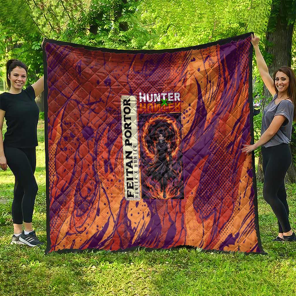 Feitan Portor Flame Aura Design Quilt with Sword Stance and Intense Anime Artwork - The Mazicc