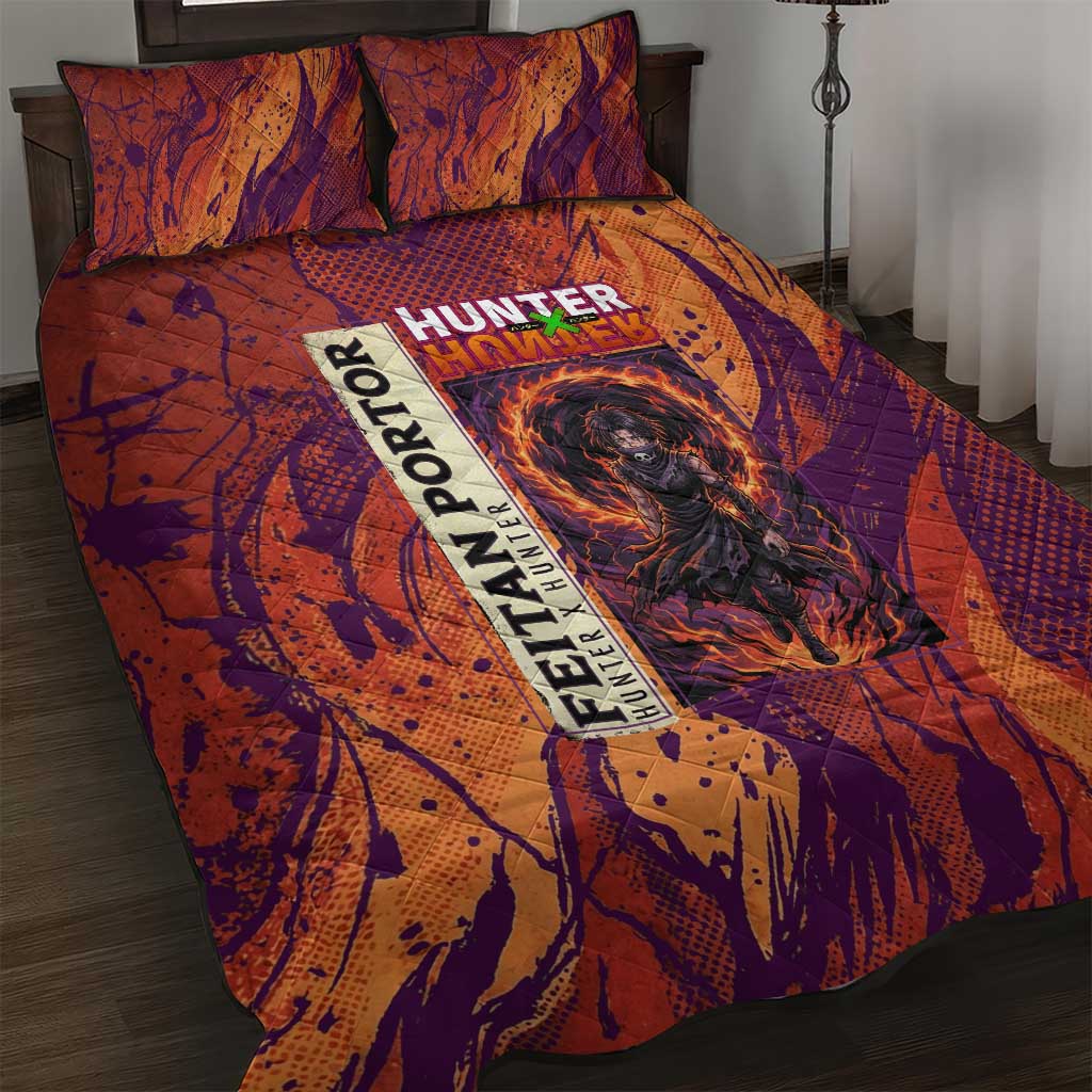 Feitan Portor Flame Aura Design Quilt Bed Set with Sword Stance and Intense Anime Artwork - The Mazicc