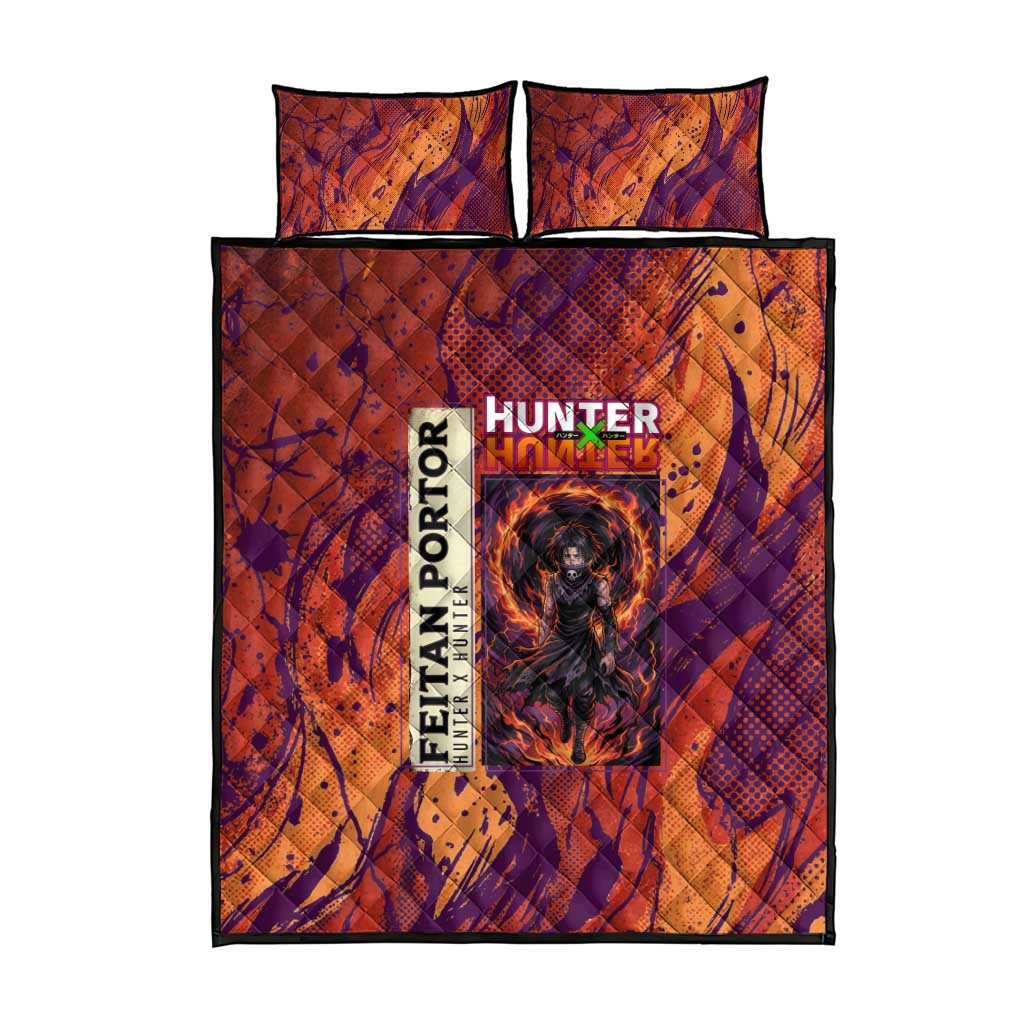 Feitan Portor Flame Aura Design Quilt Bed Set with Sword Stance and Intense Anime Artwork - The Mazicc