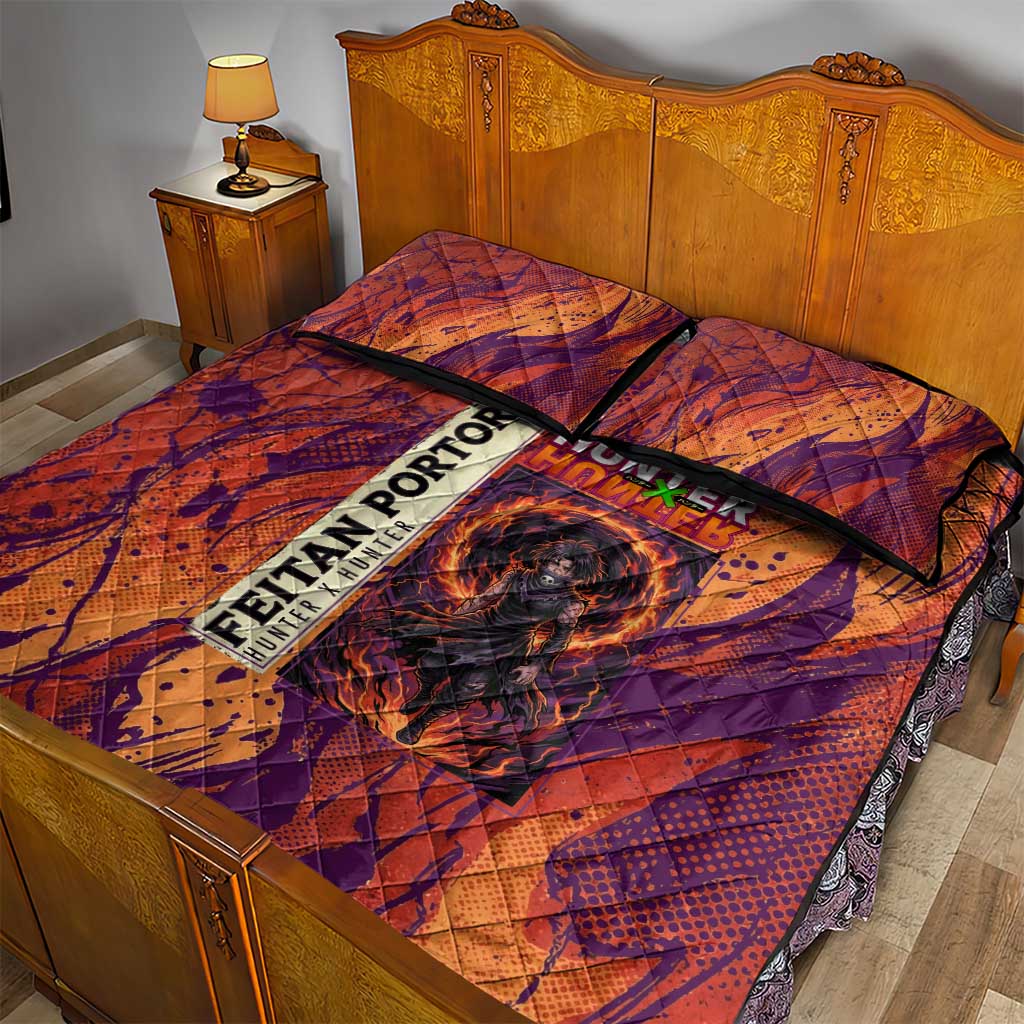 Feitan Portor Flame Aura Design Quilt Bed Set with Sword Stance and Intense Anime Artwork - The Mazicc