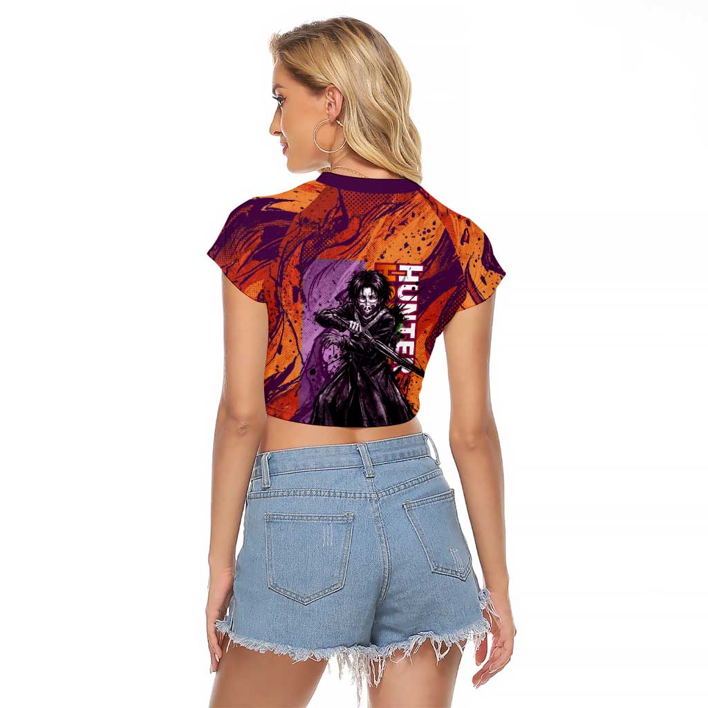 Feitan Portor Flame Aura Design Raglan Cropped T Shirt with Sword Stance and Intense Anime Artwork - The Mazicc