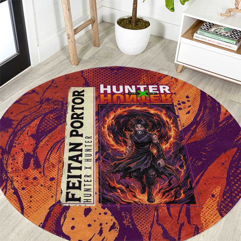 Feitan Portor Flame Aura Design Round Carpet with Sword Stance and Intense Anime Artwork - The Mazicc