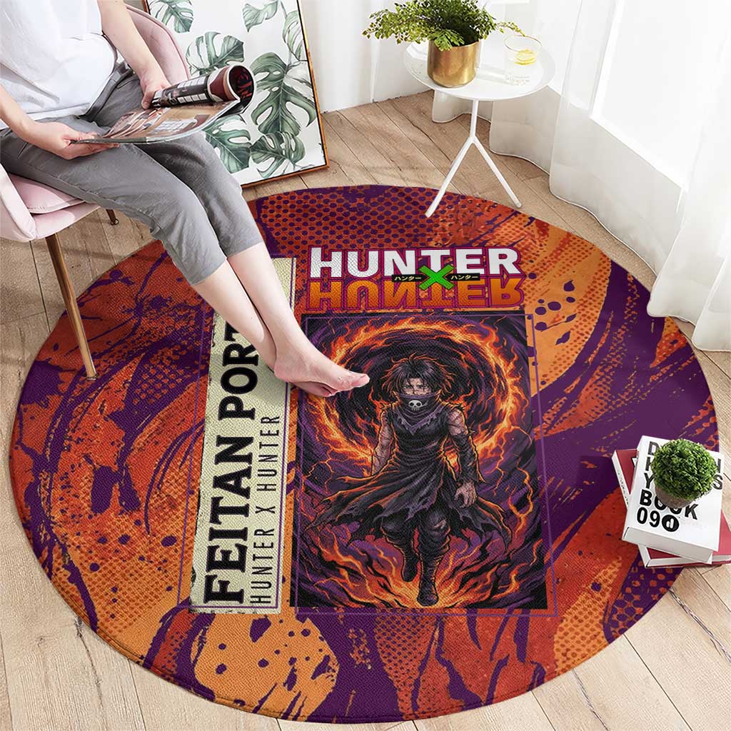 Feitan Portor Flame Aura Design Round Carpet with Sword Stance and Intense Anime Artwork - The Mazicc