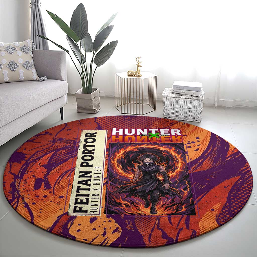 Feitan Portor Flame Aura Design Round Carpet with Sword Stance and Intense Anime Artwork - The Mazicc