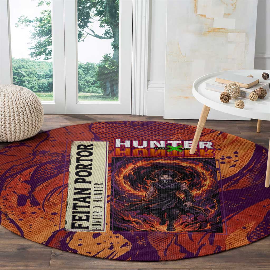 Feitan Portor Flame Aura Design Round Carpet with Sword Stance and Intense Anime Artwork - The Mazicc