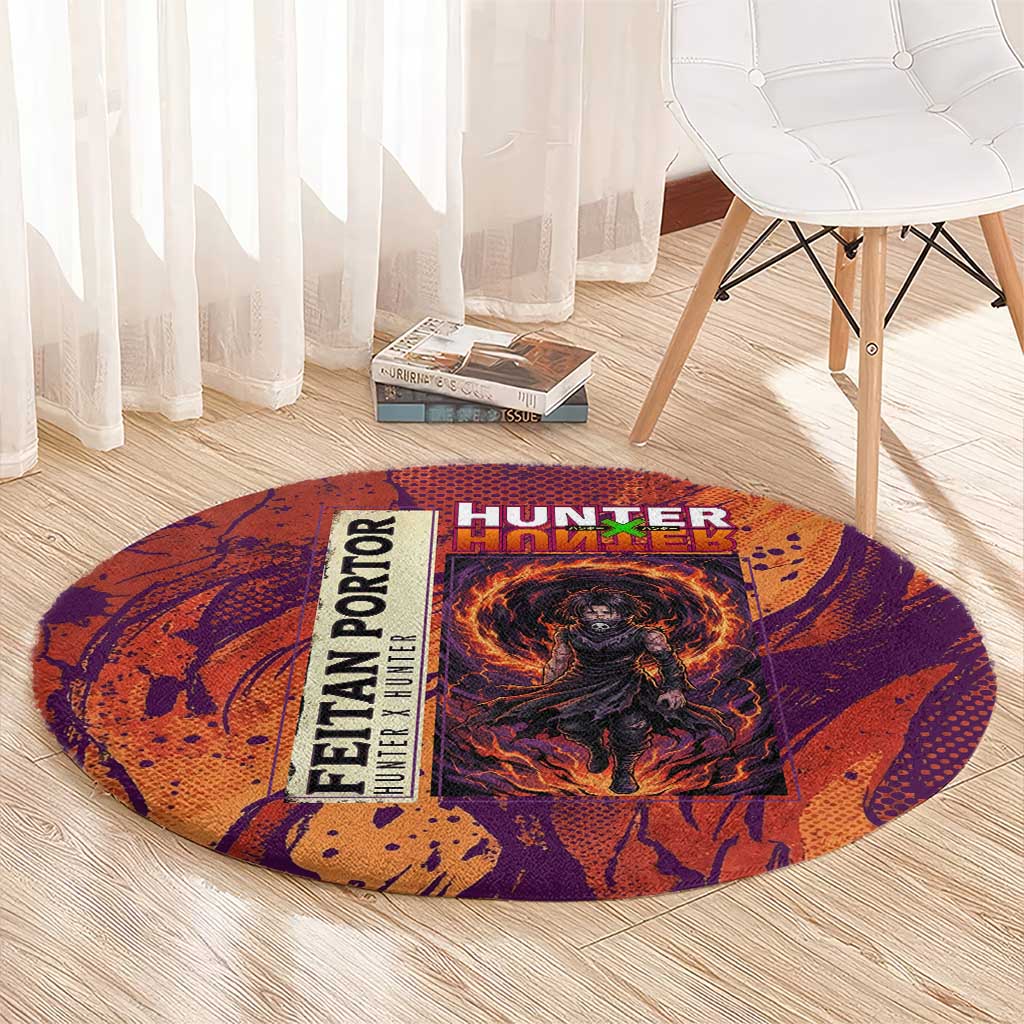 Feitan Portor Flame Aura Design Round Carpet with Sword Stance and Intense Anime Artwork - The Mazicc
