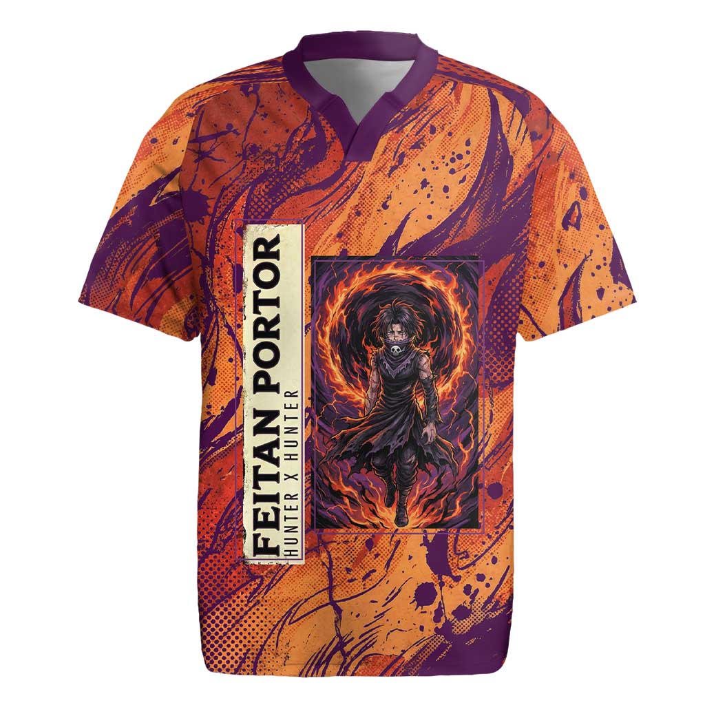 Feitan Portor Flame Aura Design Rugby Jersey with Sword Stance and Intense Anime Artwork - The Mazicc