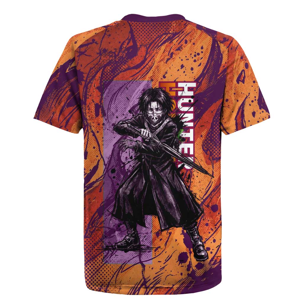 Feitan Portor Flame Aura Design Rugby Jersey with Sword Stance and Intense Anime Artwork - The Mazicc