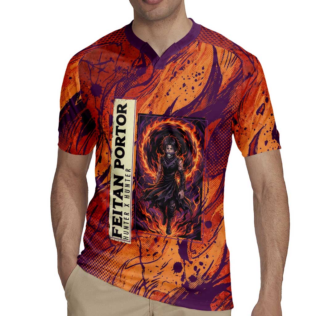 Feitan Portor Flame Aura Design Rugby Jersey with Sword Stance and Intense Anime Artwork - The Mazicc