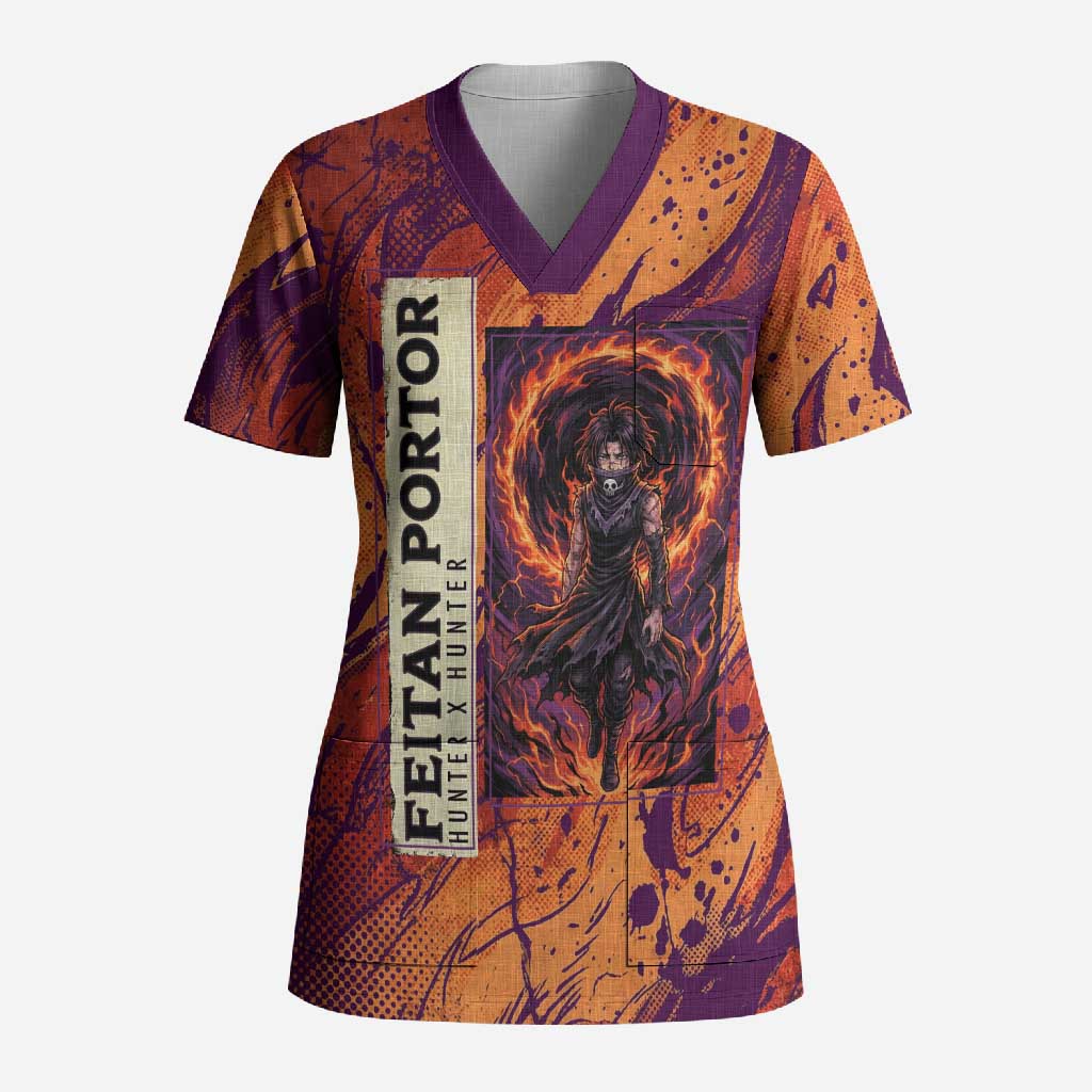 Feitan Portor Flame Aura Design Scrub Top with Sword Stance and Intense Anime Artwork - The Mazicc