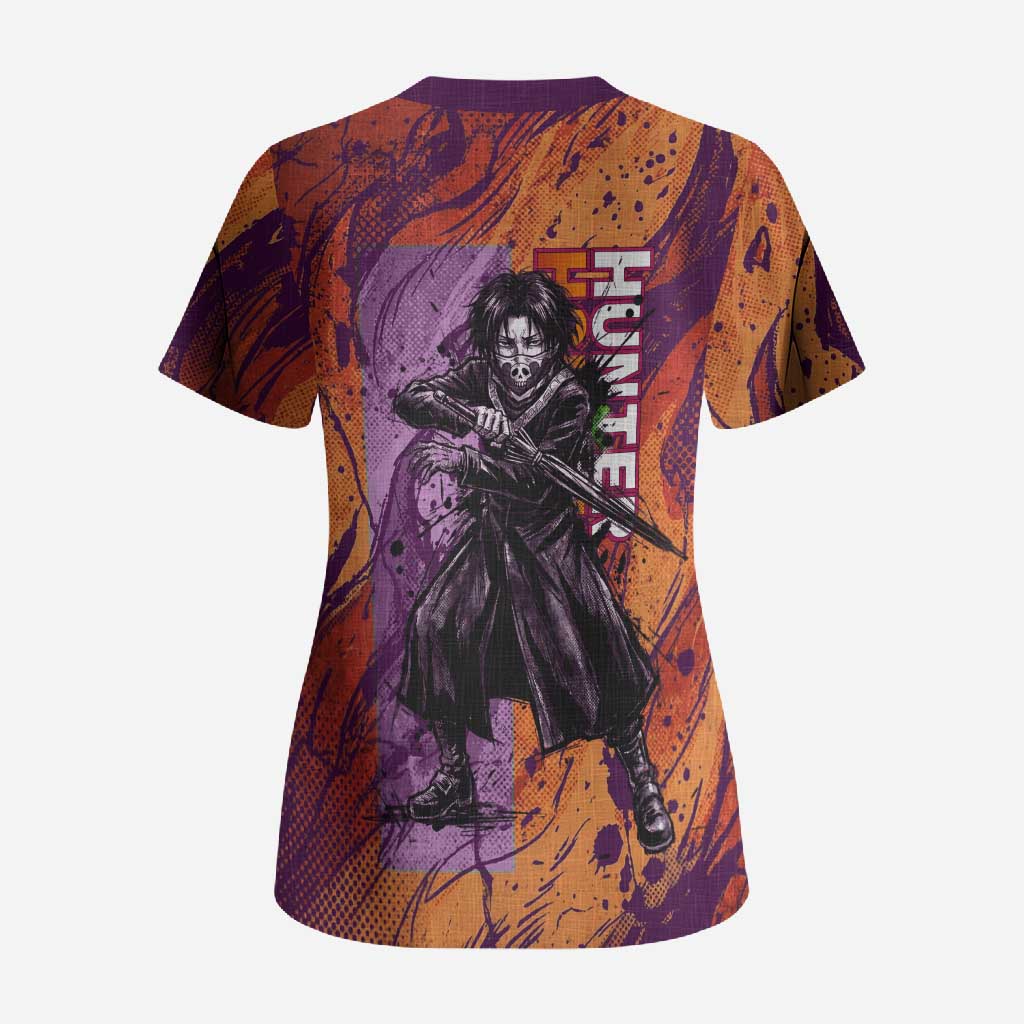 Feitan Portor Flame Aura Design Scrub Top with Sword Stance and Intense Anime Artwork - The Mazicc
