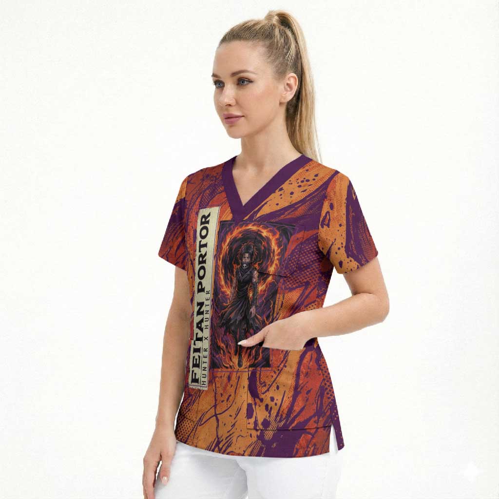 Feitan Portor Flame Aura Design Scrub Top with Sword Stance and Intense Anime Artwork - The Mazicc