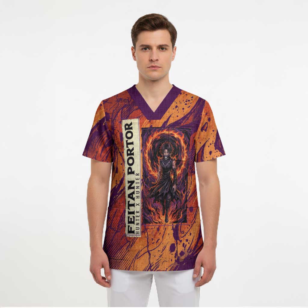 Feitan Portor Flame Aura Design Scrub Top with Sword Stance and Intense Anime Artwork - The Mazicc