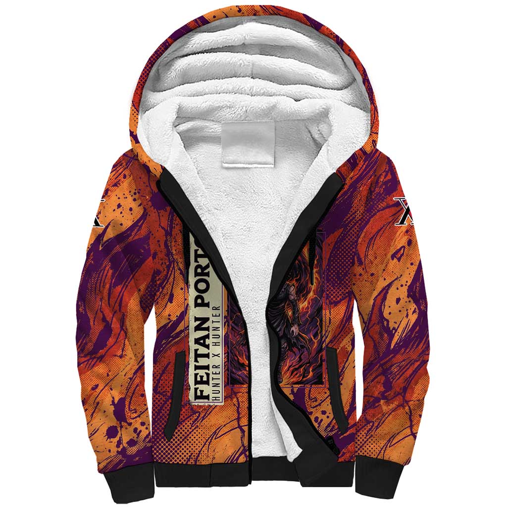 Feitan Portor Flame Aura Design Sherpa Hoodie with Sword Stance and Intense Anime Artwork - The Mazicc