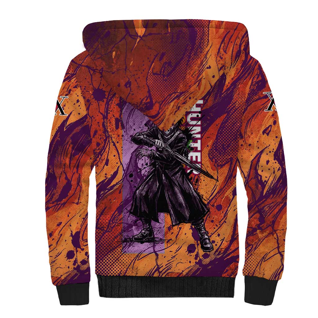 Feitan Portor Flame Aura Design Sherpa Hoodie with Sword Stance and Intense Anime Artwork - The Mazicc