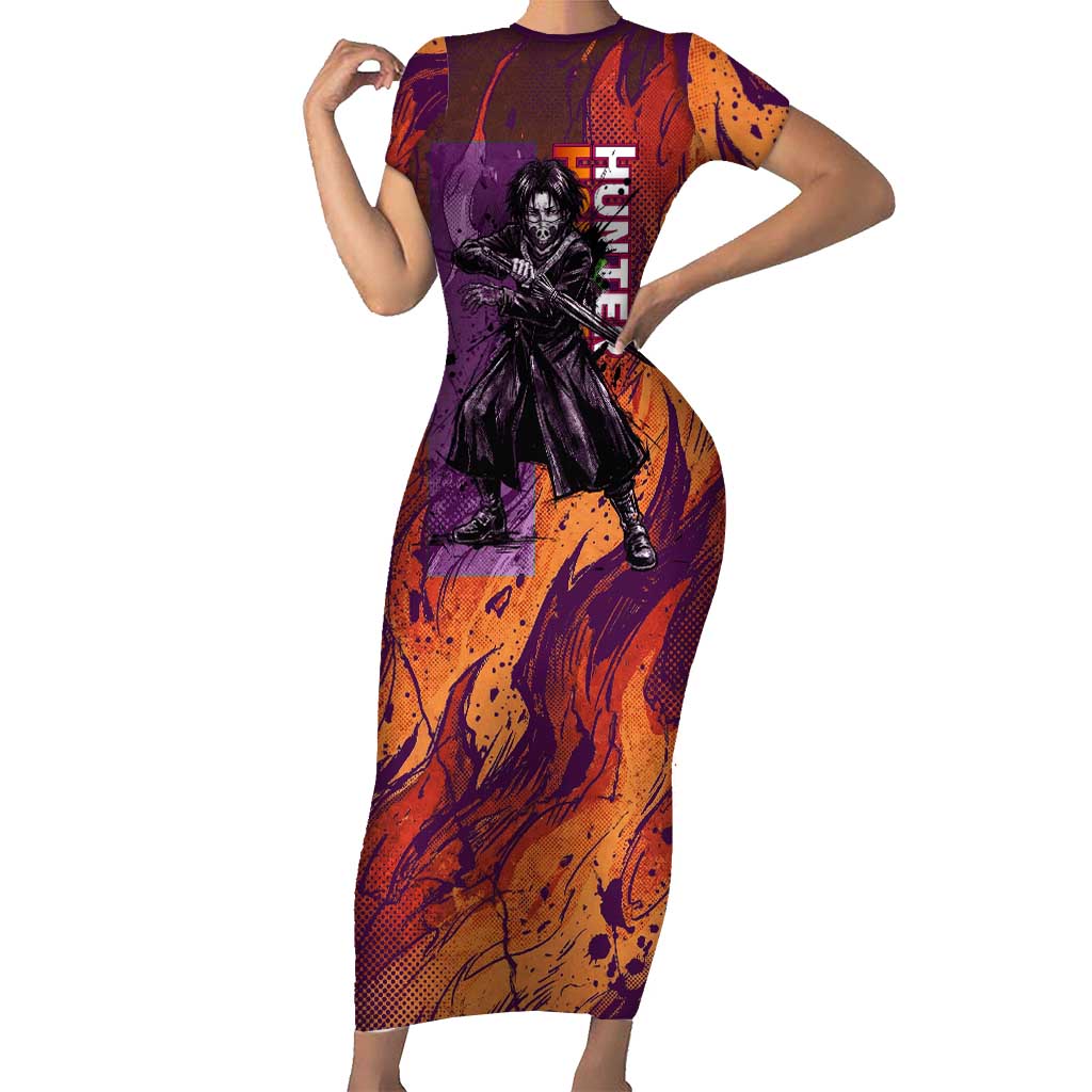 Feitan Portor Flame Aura Design Short Sleeve Bodycon Dress with Sword Stance and Intense Anime Artwork - The Mazicc