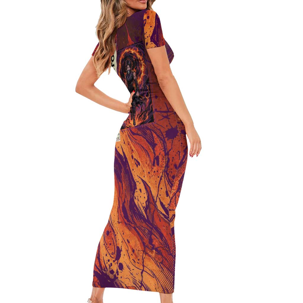 Feitan Portor Flame Aura Design Short Sleeve Bodycon Dress with Sword Stance and Intense Anime Artwork - The Mazicc