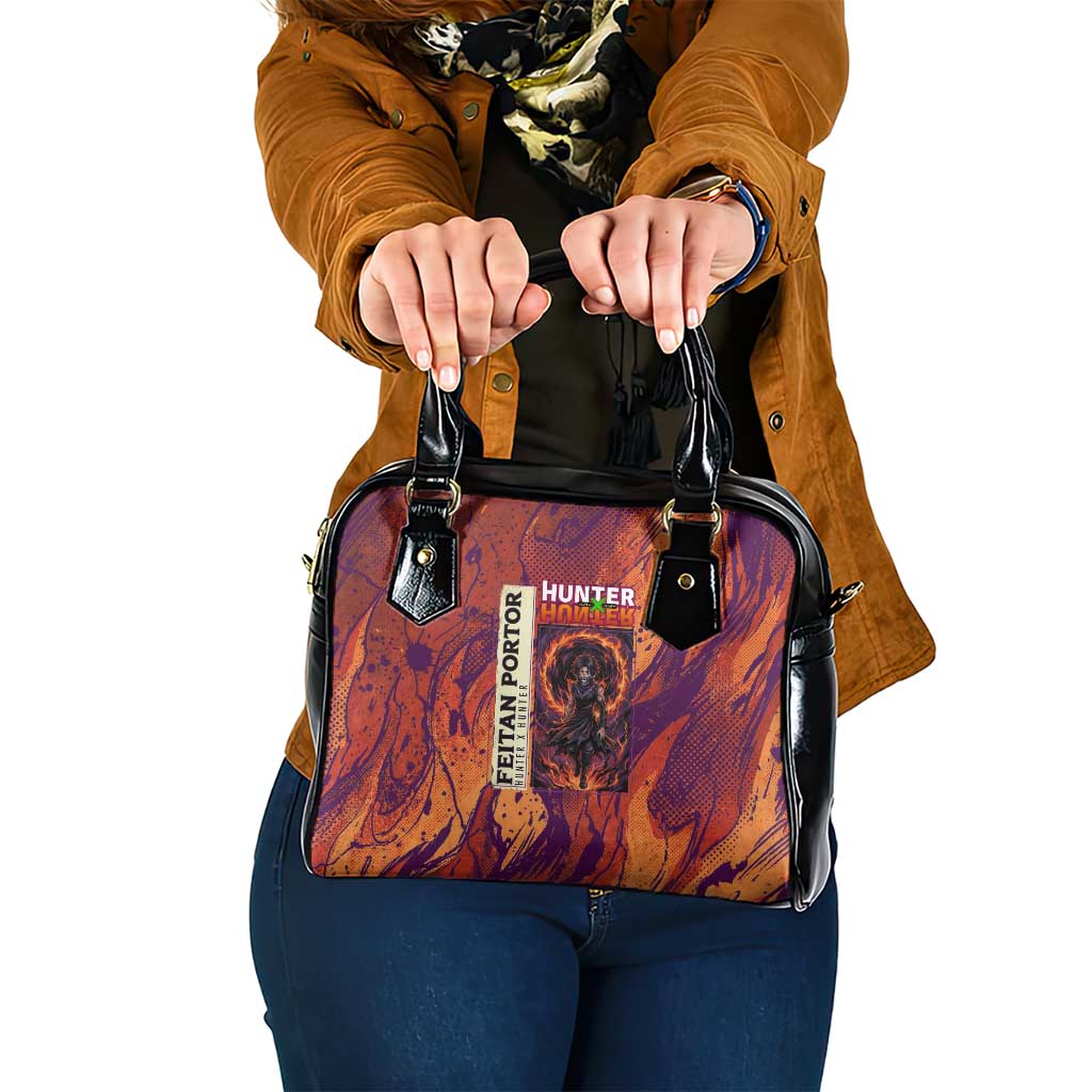 Feitan Portor Flame Aura Design Shoulder Handbag with Sword Stance and Intense Anime Artwork - The Mazicc