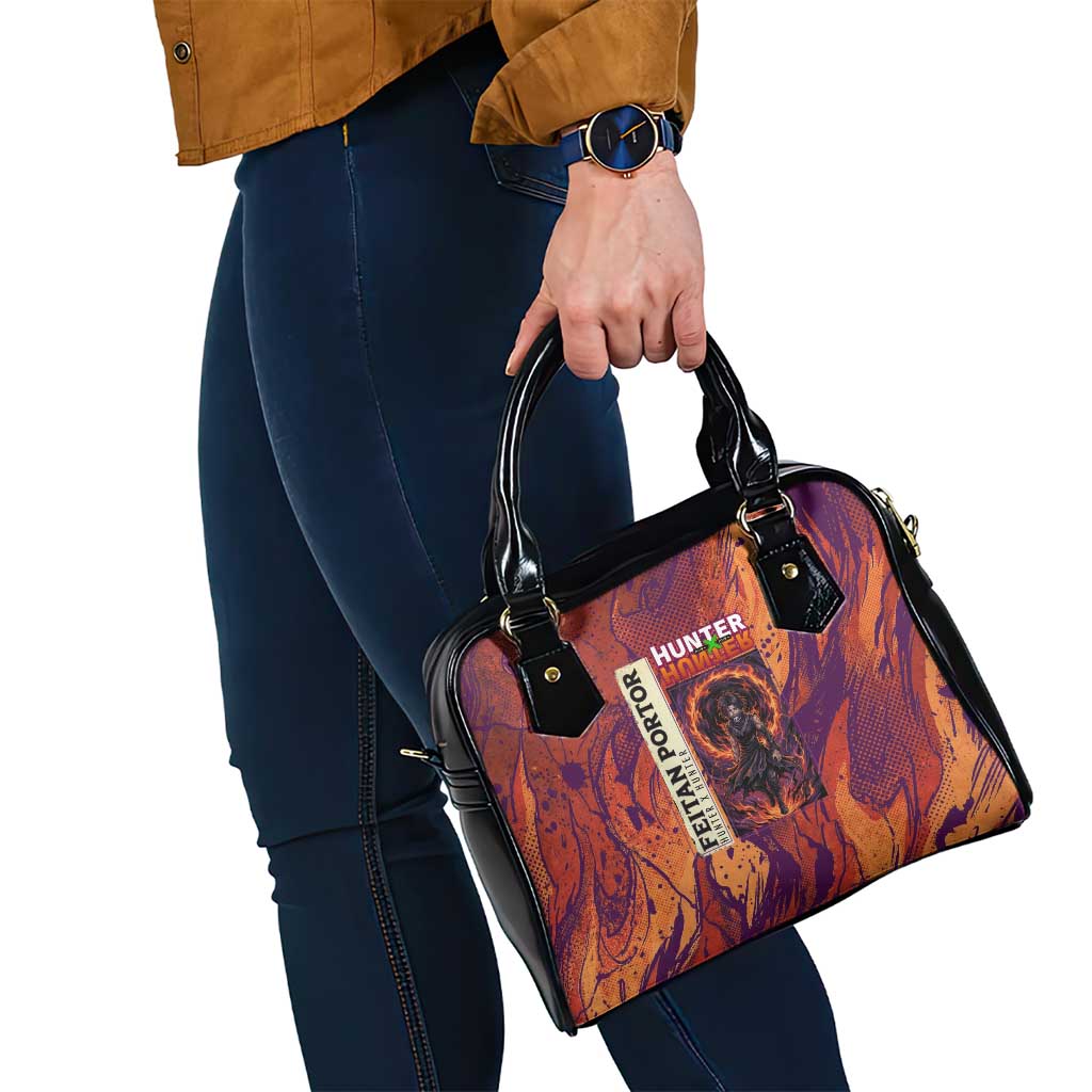 Feitan Portor Flame Aura Design Shoulder Handbag with Sword Stance and Intense Anime Artwork - The Mazicc