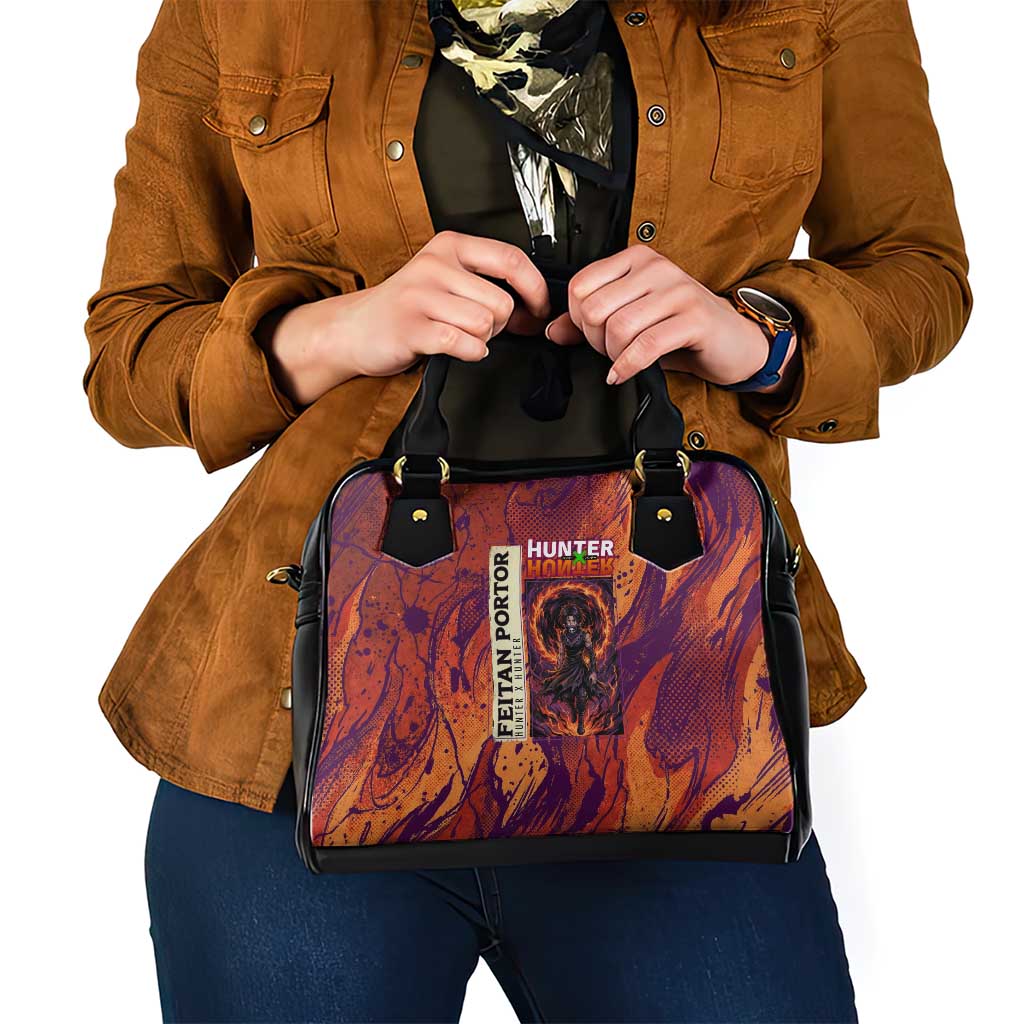 Feitan Portor Flame Aura Design Shoulder Handbag with Sword Stance and Intense Anime Artwork - The Mazicc