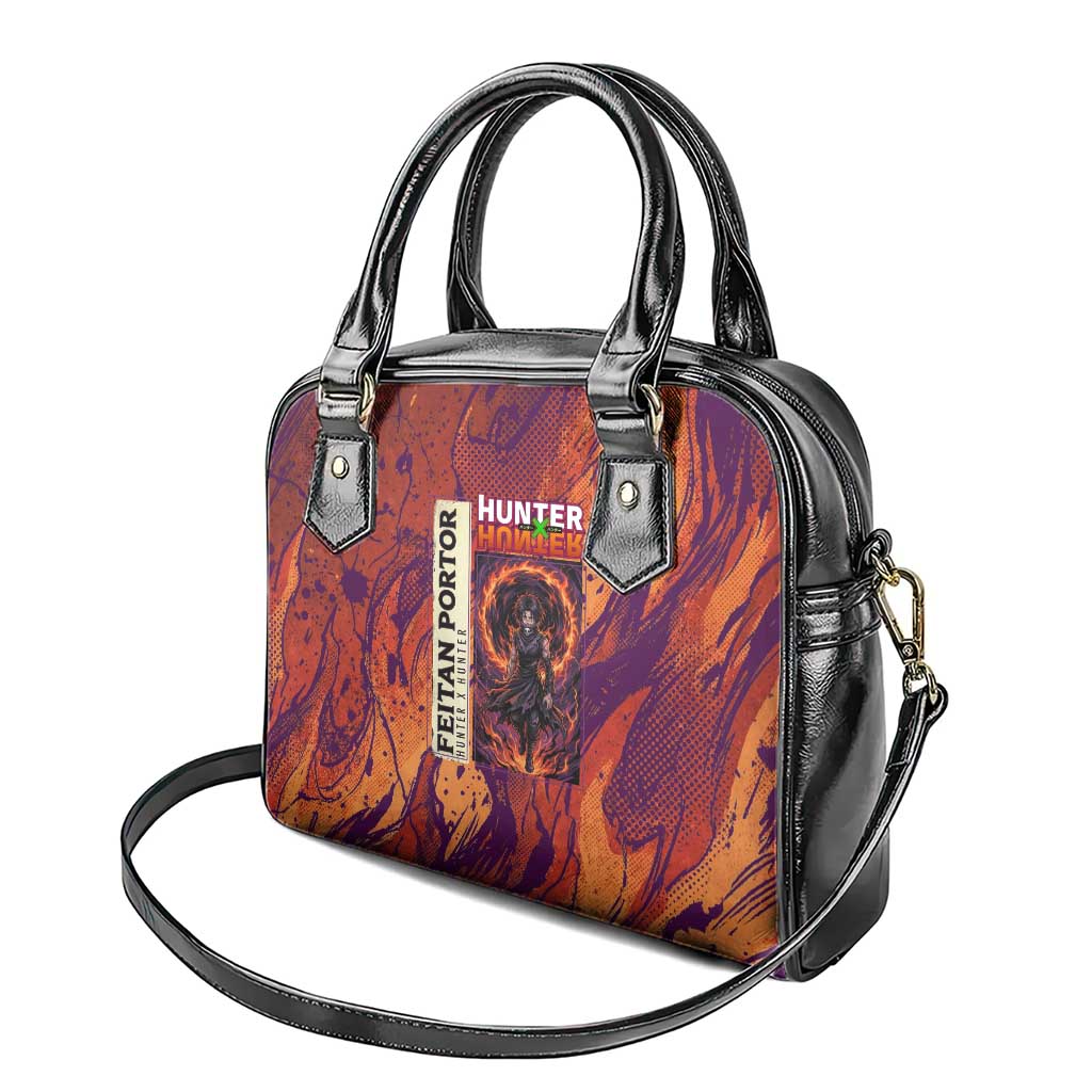 Feitan Portor Flame Aura Design Shoulder Handbag with Sword Stance and Intense Anime Artwork - The Mazicc