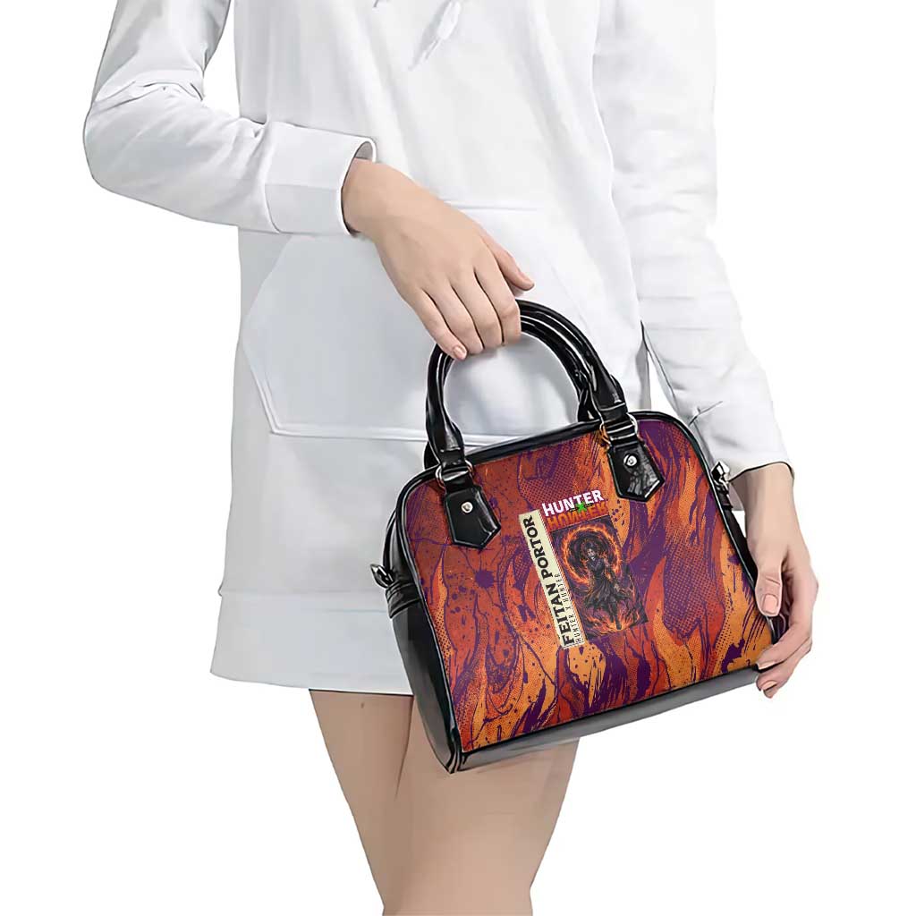 Feitan Portor Flame Aura Design Shoulder Handbag with Sword Stance and Intense Anime Artwork - The Mazicc