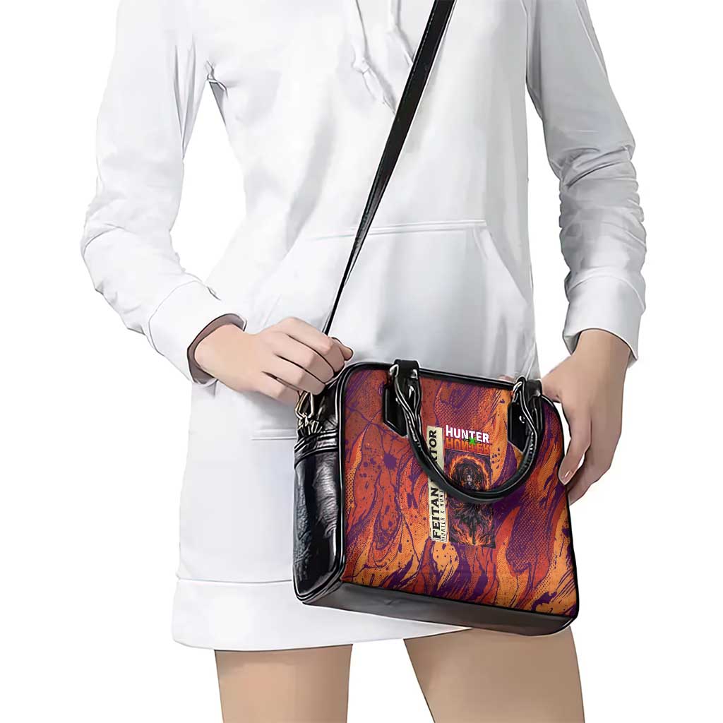 Feitan Portor Flame Aura Design Shoulder Handbag with Sword Stance and Intense Anime Artwork - The Mazicc