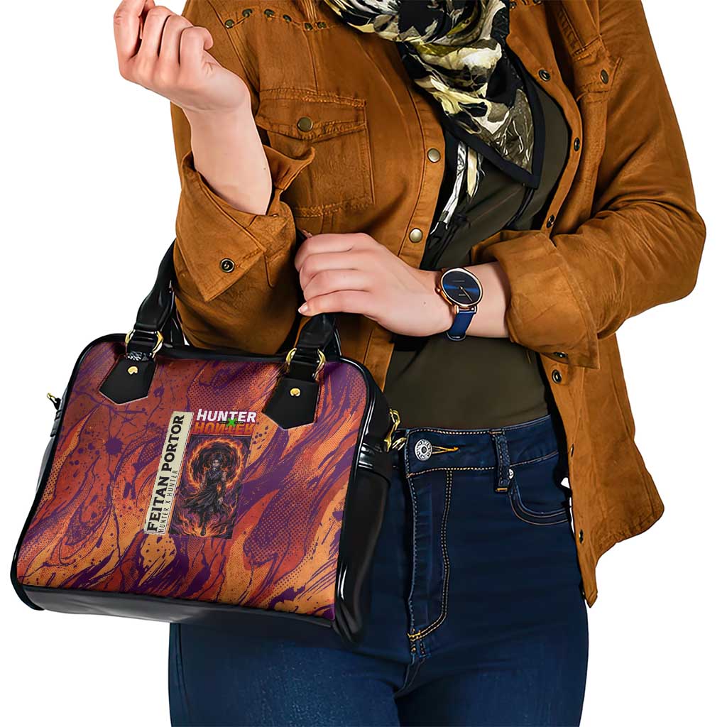 Feitan Portor Flame Aura Design Shoulder Handbag with Sword Stance and Intense Anime Artwork - The Mazicc