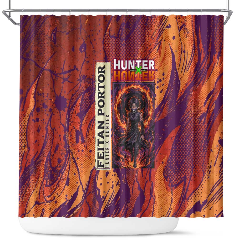 Feitan Portor Flame Aura Design Shower Curtain with Sword Stance and Intense Anime Artwork - The Mazicc