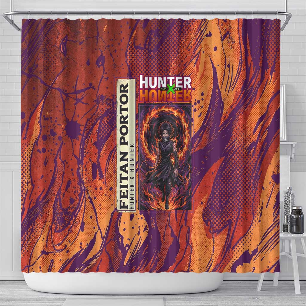 Feitan Portor Flame Aura Design Shower Curtain with Sword Stance and Intense Anime Artwork - The Mazicc